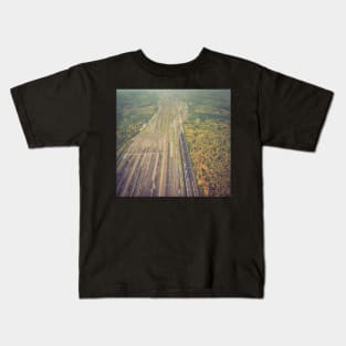 Autumn forest and railway depot aerial view Kids T-Shirt